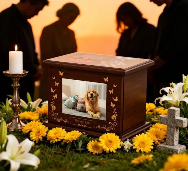 Pet Memorial Wooden Urn Box with Photo Frame, Life Tree Butterfly Ashes Keepsake Box Forever Love Pet Loss Bereavement Gift - Brown - Size 28*20*17cm