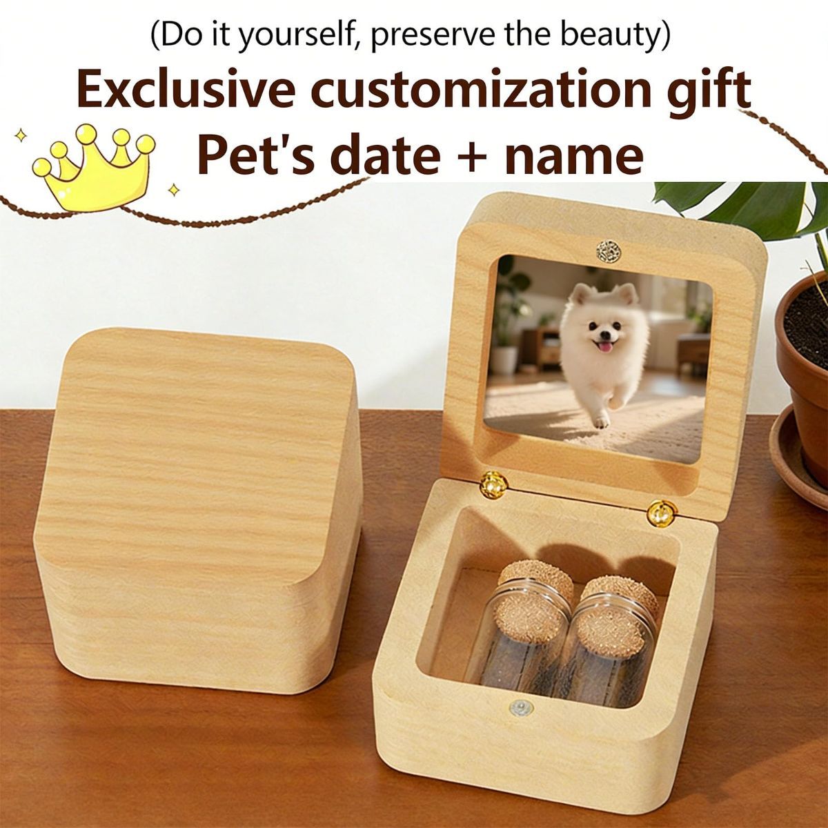 Wooden Memory Chest for Pet Coats and Infant Hair Preservation Wooden Pet Artifact Box - Dark Brown - Size 5.6*5.6*4cm