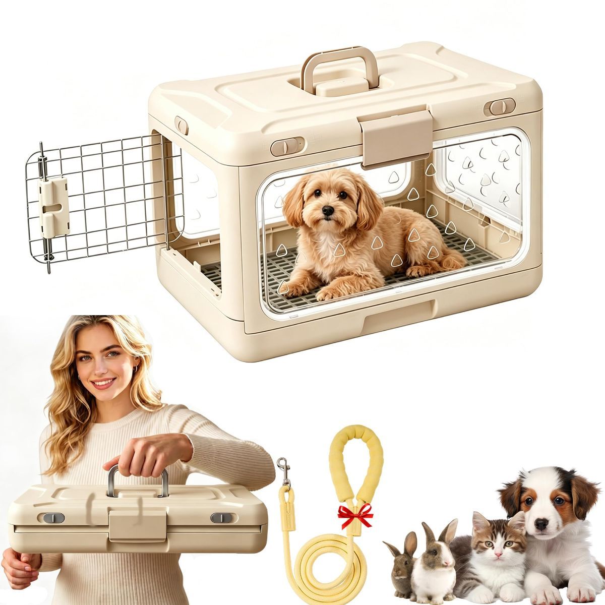 Foldable Hard Cat Carrier, Transparent Pet Crate for Cats & Small Dogs, Collapsible Travel Kennel with Ventilation & Urine Pad Mesh Grid, Portable Travel cage, Essential for pet Travel - Apricot - Size 20*12.59*12.2in