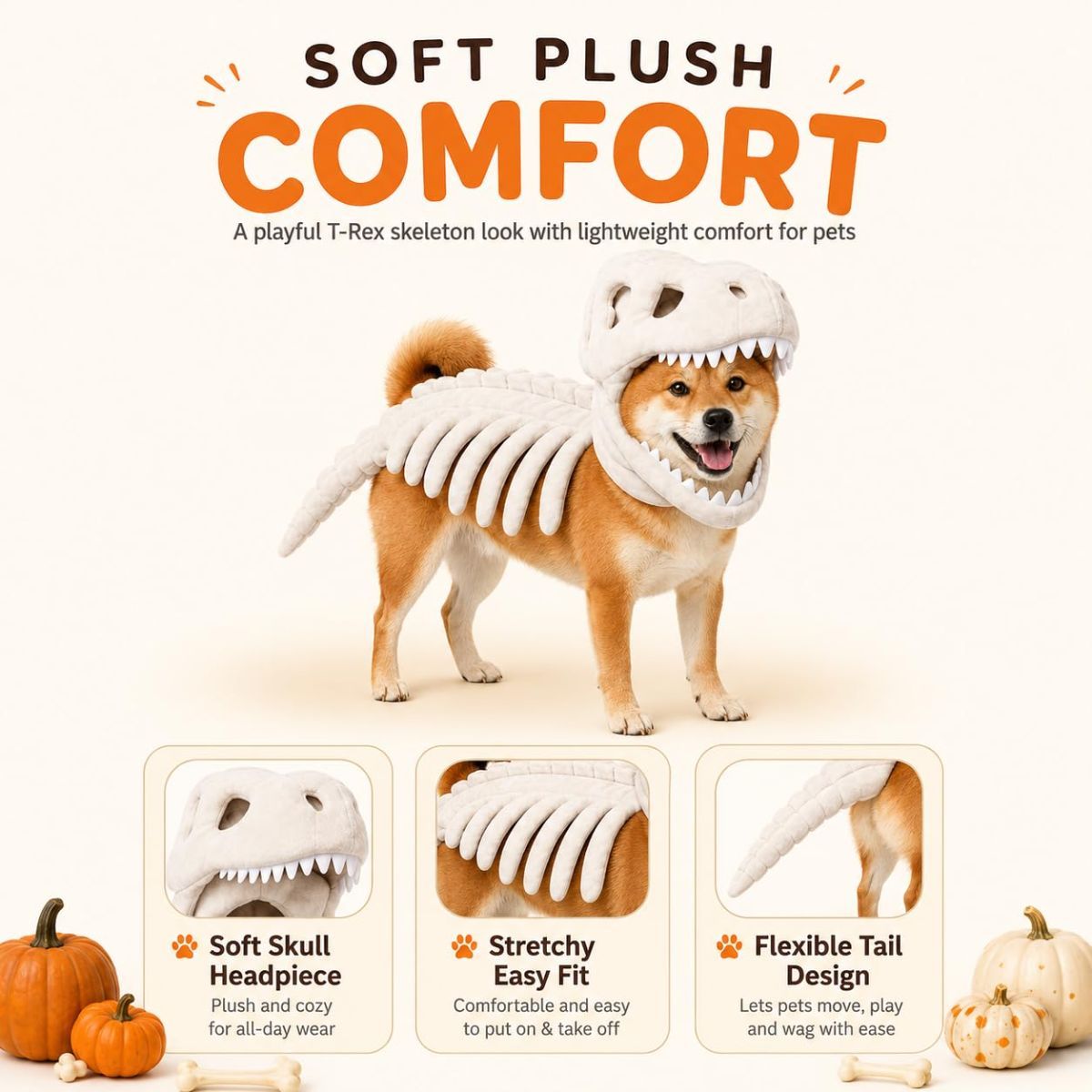 Dinosaur Skeleton Glow in Dark Dog and Cat Costume,Pet Dinosaur Costume,Plush Halloween Pet Hood Outfit - Gray - Size 47.2in