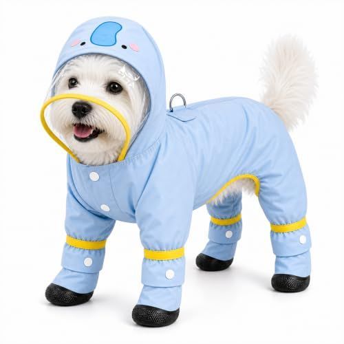 Dog Raincoat with Removable Boots, Clear Hood, 300D polyester with full-body coverage, reflective trim and a back D-ring for snowy, muddy and low-light walks and home use - Blue - Size M