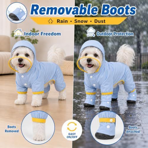 Dog Raincoat with Removable Boots, Clear Hood, 300D polyester with full-body coverage, reflective trim and a back D-ring for snowy, muddy and low-light walks and home use - Blue - Size M