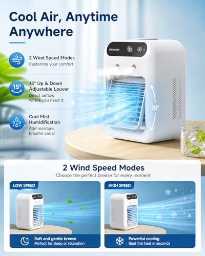 Portable Air Conditioners, Personal Cooling Fan with Humidifier, Rechargeable Mini Air Cooler for Car, Mini Air Conditioners with 2 Speeds for Home, Office, Bedroom, Camping