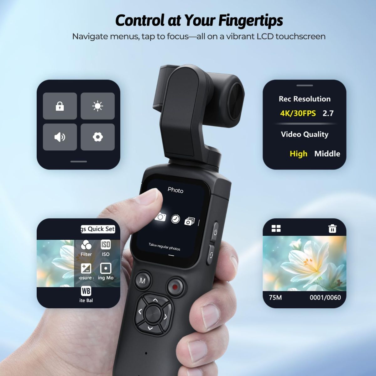 4K Vlogging Camera with 330° Gimbal Lens & 75MP Photo, WiFi Pocket Camera Compact Vlog Camera for Beginners, 330 Degree Rotating Lens, Content Creator Kit with Tripod & 16GB Card - Black - Size 158mm