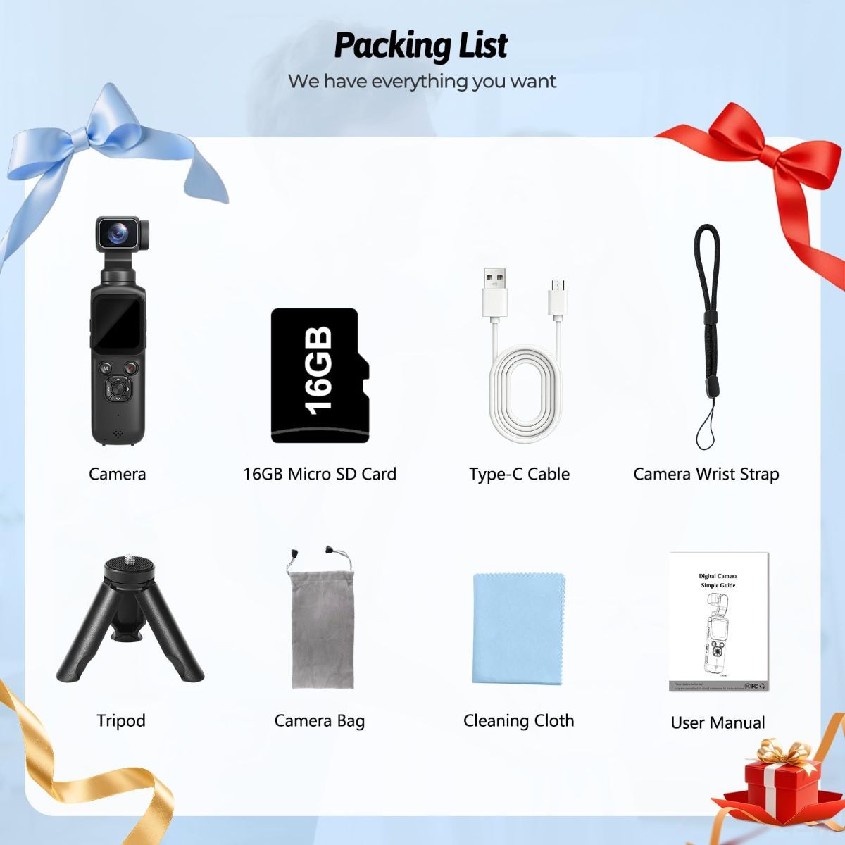 4K Vlogging Camera with 330° Gimbal Lens & 75MP Photo, WiFi Pocket Camera Compact Vlog Camera for Beginners, 330 Degree Rotating Lens, Content Creator Kit with Tripod & 16GB Card - Black - Size 158mm