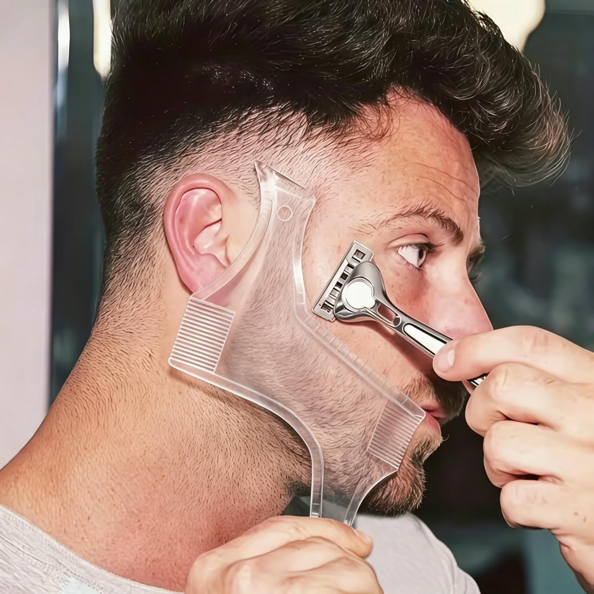 Men's Beard Styling Template for Goatee, sideburns, Chin, Cheek/Neck line, Symmetry/Curve/Step Cut - Clear - Size 20cm