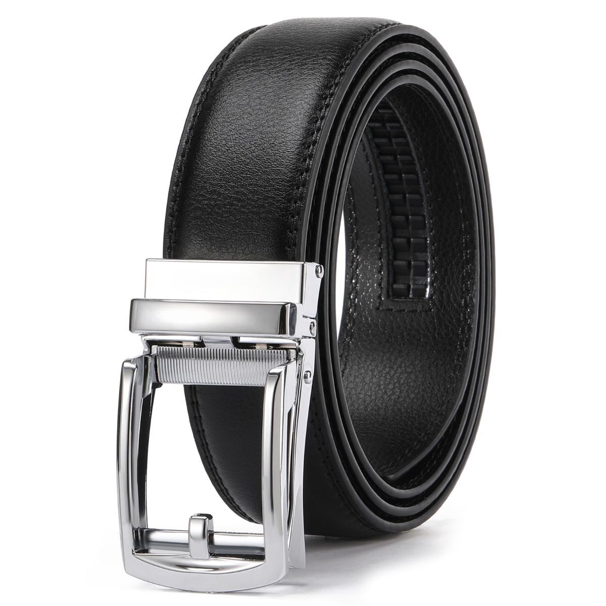 Ratchet Belt for Men Genuine Leather - Micro-Adjust Buckle Trim to Fit Dress Belt Casual to Formal Gift Boxed - Basic Silver - Black - Size 34"-42" Waist Adjustable