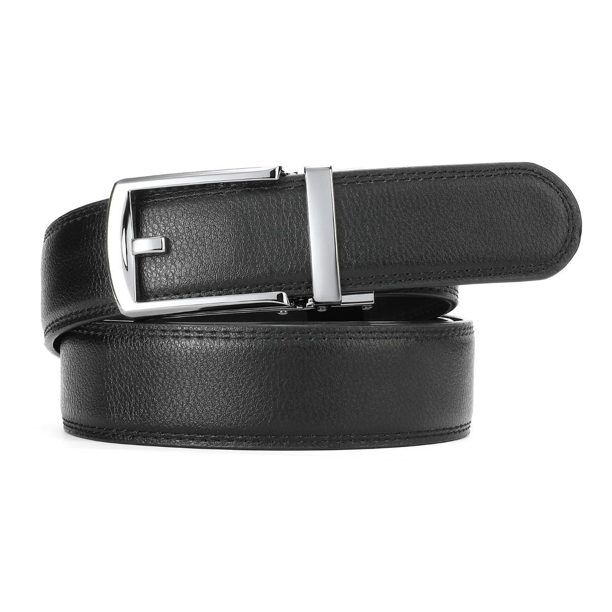 Ratchet Belt for Men Genuine Leather - Micro-Adjust Buckle Trim to Fit Dress Belt Casual to Formal Gift Boxed - Basic Silver - Black - Size 34"-42" Waist Adjustable