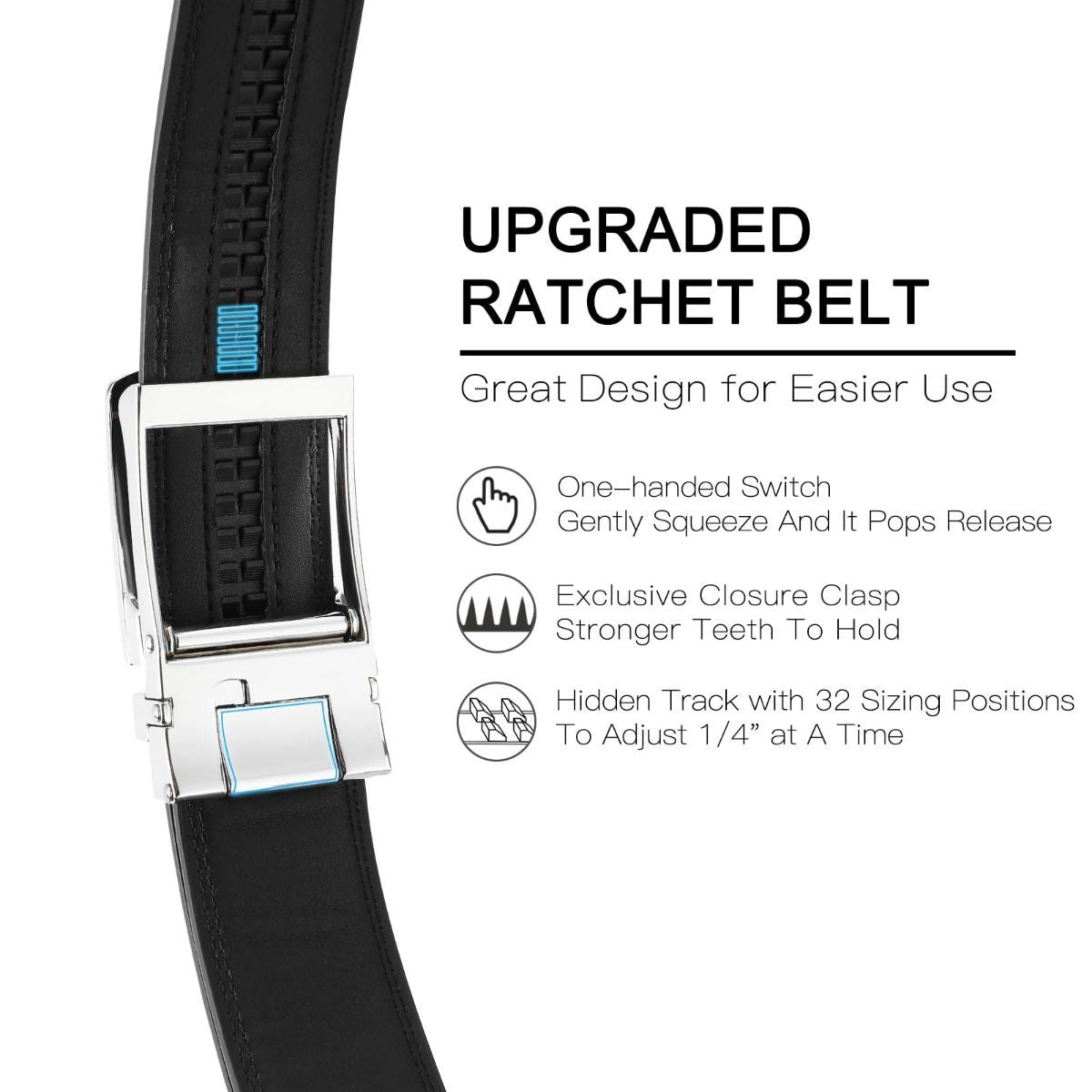 Ratchet Belt for Men Genuine Leather - Micro-Adjust Buckle Trim to Fit Dress Belt Casual to Formal Gift Boxed - Basic Silver - Black - Size 34"-42" Waist Adjustable