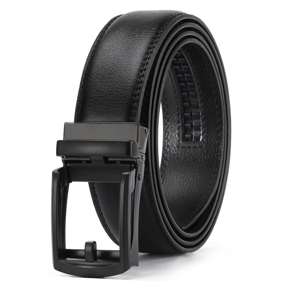 Ratchet Belt for Men Genuine Leather - Micro-Adjust Buckle Trim to Fit Dress Belt Casual to Formal Gift Boxed - Basic Black - Black - Size 42"-50" Waist Adjustable