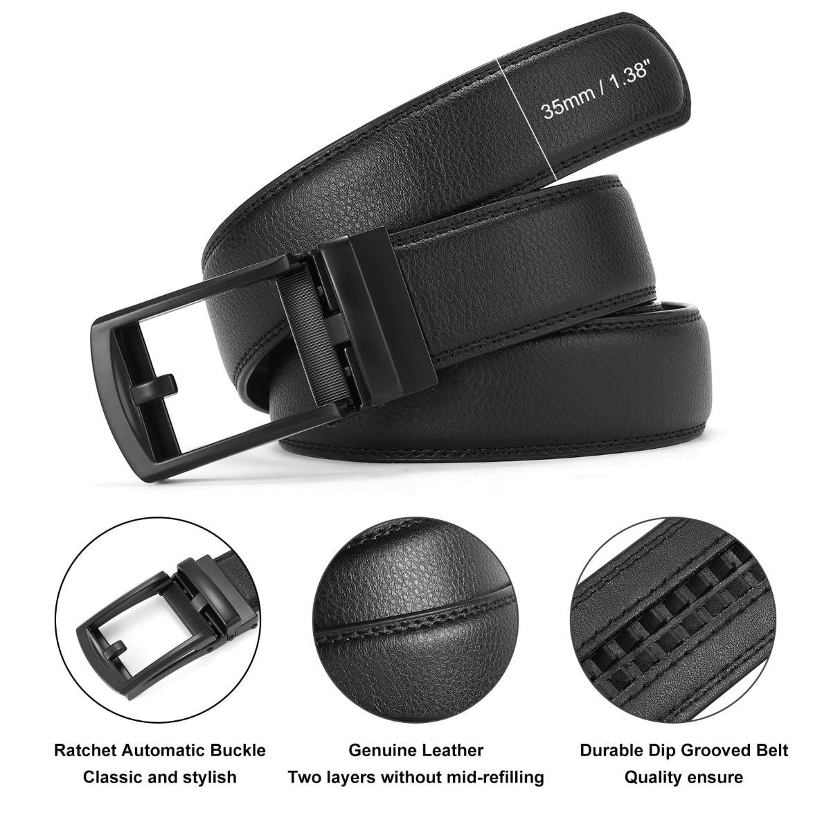 Ratchet Belt for Men Genuine Leather - Micro-Adjust Buckle Trim to Fit Dress Belt Casual to Formal Gift Boxed - Basic Black - Black - Size 42"-50" Waist Adjustable