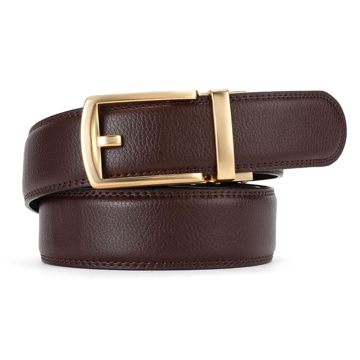 Ratchet Belt for Men Genuine Leather - Micro-Adjust Buckle Trim to Fit Dress Belt Casual to Formal Gift Boxed - Basic Gold - Brown - Size 42"-50" Waist Adjustable