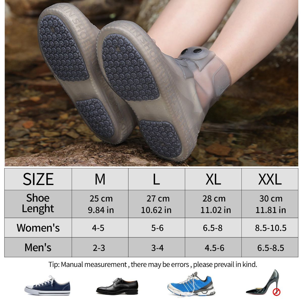 Rain Boot Covers Waterproof Rain Shoe Covers Silicone Shoe Protector Overshoes Sand Control Non-Slip Foldable Reusable Galoshes for Men Women Rainy Outdoor Cycling Fishing Camping - Gray - Size XXL