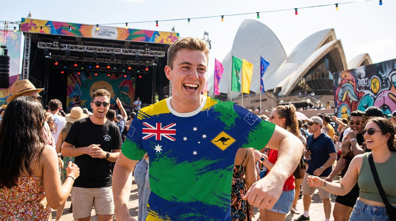 Australian Flag & Kangaroo Print Unisex O-Neck Short Sleeve T-Shirt Summer Breathable Cotton-Blend Streetwear Top(L)