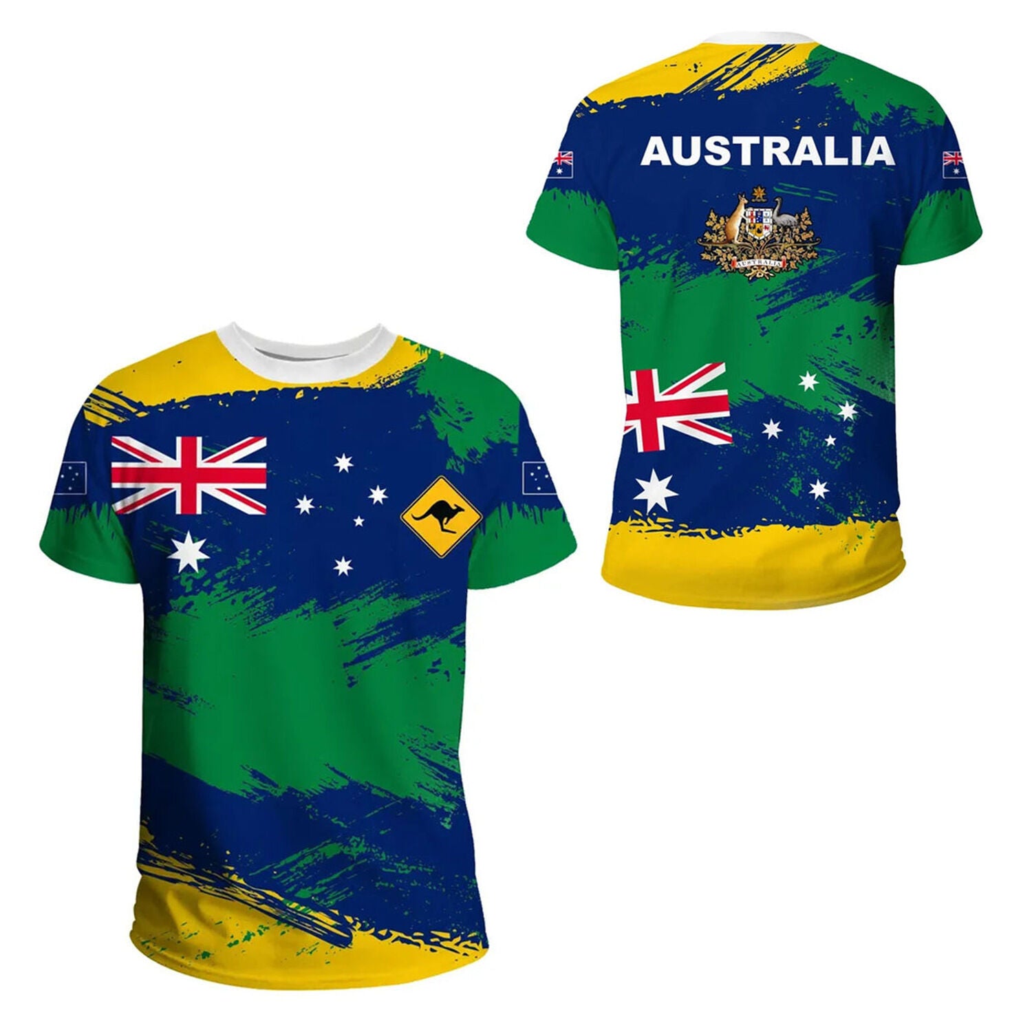 Australian Flag & Kangaroo Print Unisex O-Neck Short Sleeve T-Shirt Summer Breathable Cotton-Blend Streetwear Top(XXL)