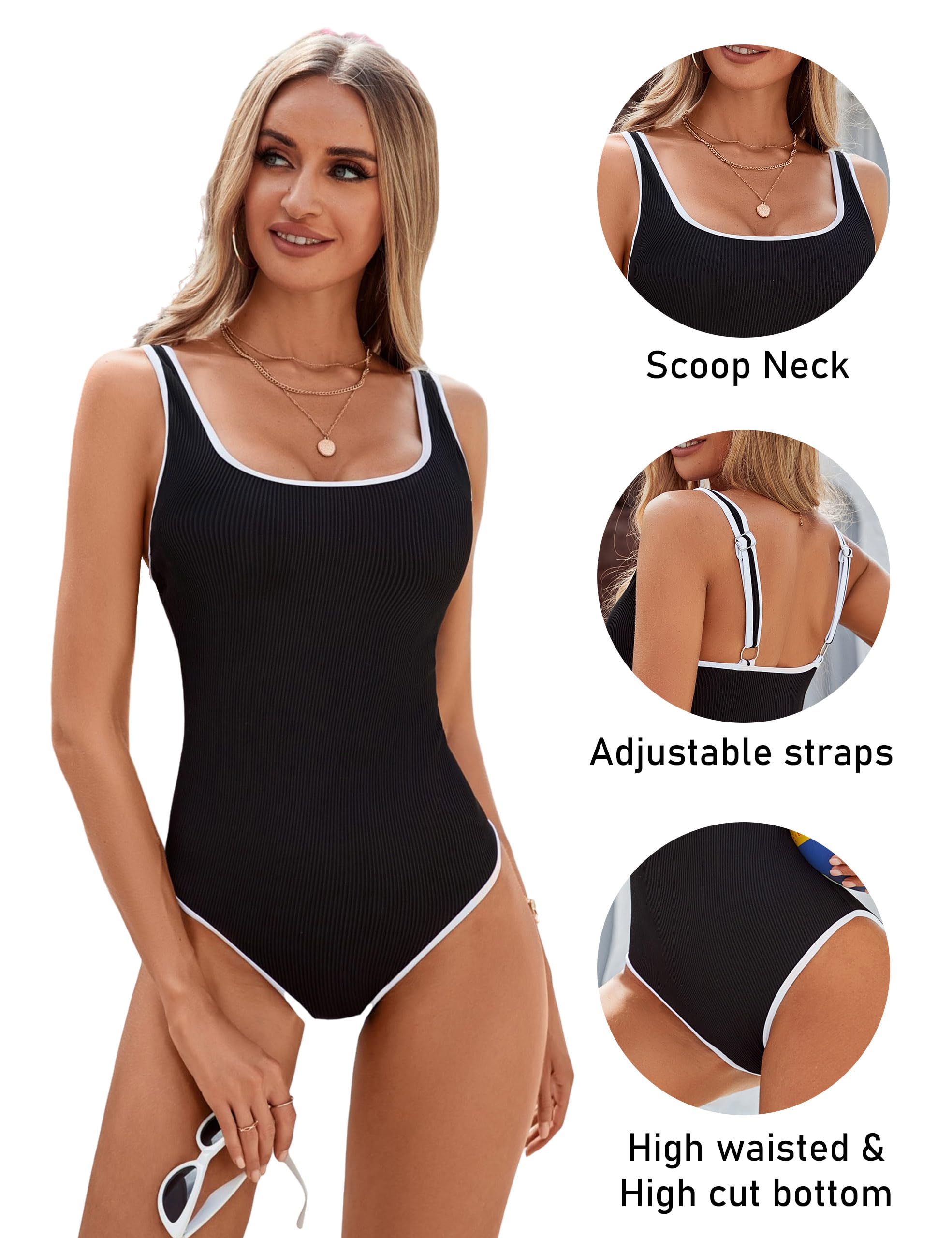 Women's Black One Piece Swimsuit with White Trim: Adjustable Strap, Ribbed, High Cut for Sports & Beach(XXL)
