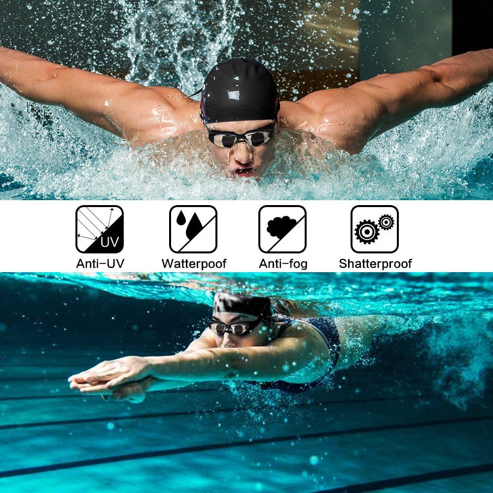 Black Swim Goggles Set with Cap, Nose Clip, Earplugs & Case: Anti-Fog UV Protection for Men & Women