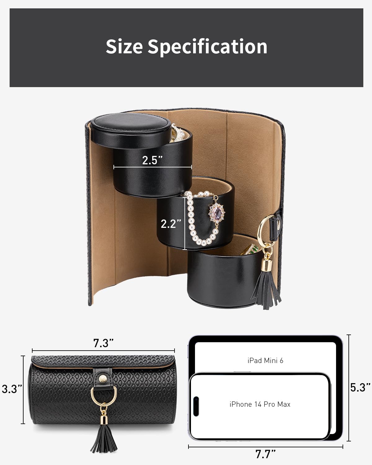 Black Travel Jewelry Case: 3-Layer PU Cylinder Organizer for Necklaces, Earrings, Gifts for Travelers & Jewelry Lovers
