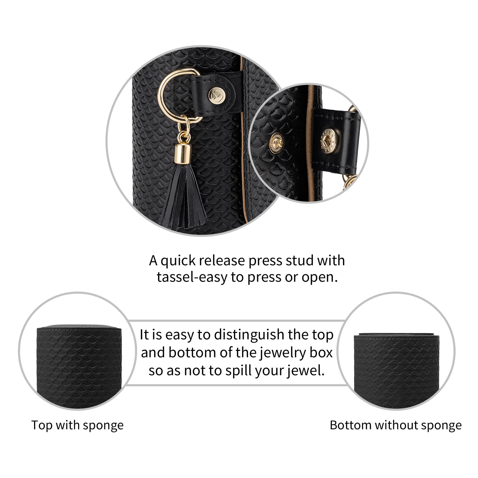 Black Travel Jewelry Case: 3-Layer PU Cylinder Organizer for Necklaces, Earrings, Gifts for Travelers & Jewelry Lovers