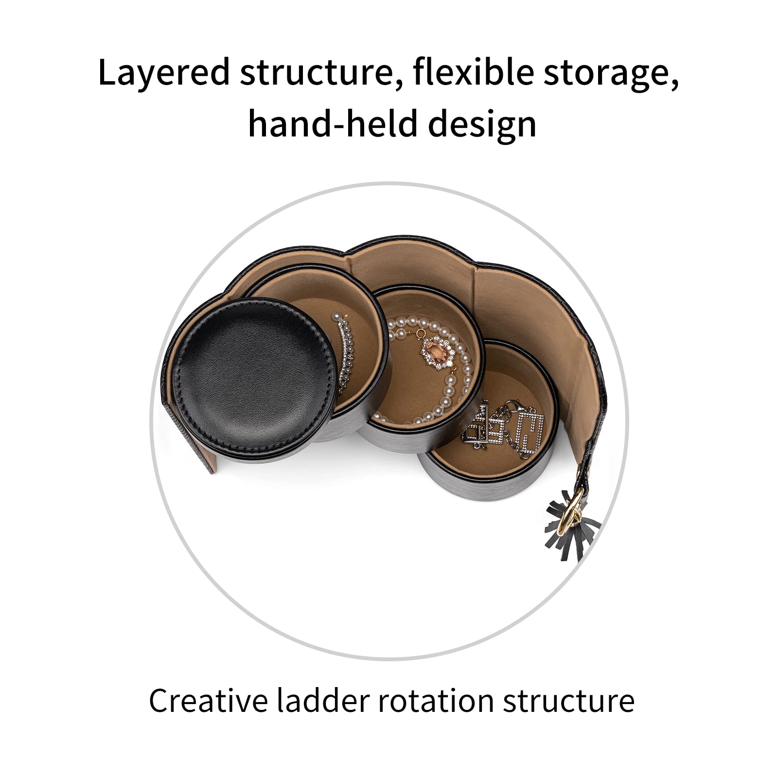 Black Travel Jewelry Case: 3-Layer PU Cylinder Organizer for Necklaces, Earrings, Gifts for Travelers & Jewelry Lovers