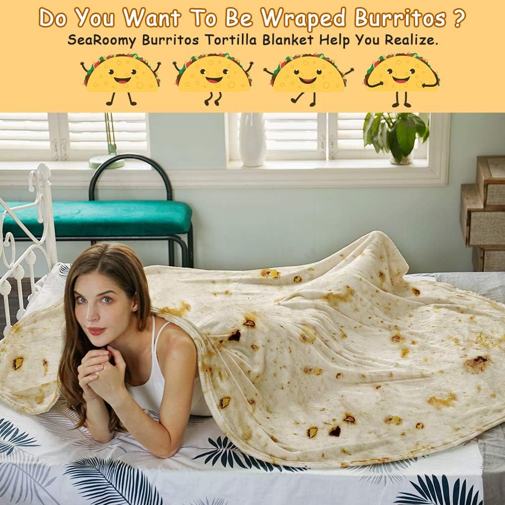 Burritos Tortilla Throw Blanket(Beige), Novelty Funny Round Blanket for Adults & Kids, Soft Flannel Tortilla Wrap Blanket(71",Adults)
