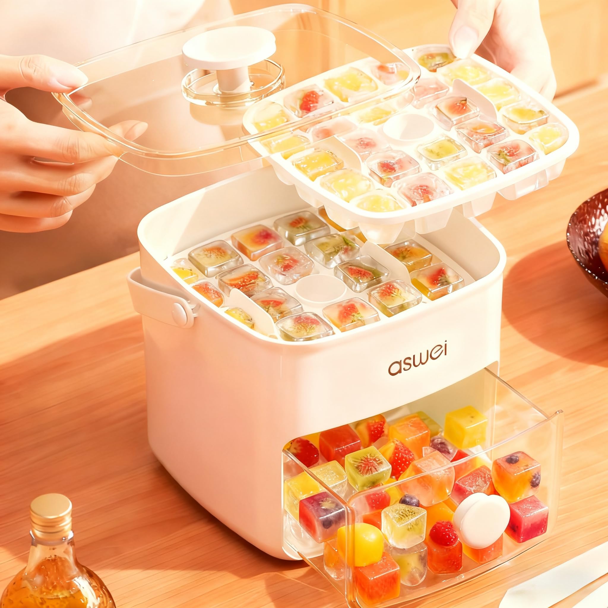 Portable Ice Cube Maker with Storage Drawer – BPA-Free, 48-Cube Capacity, Push-Release Tray & Transparent Lid for Cocktails, Coffee, Whiskey(White)