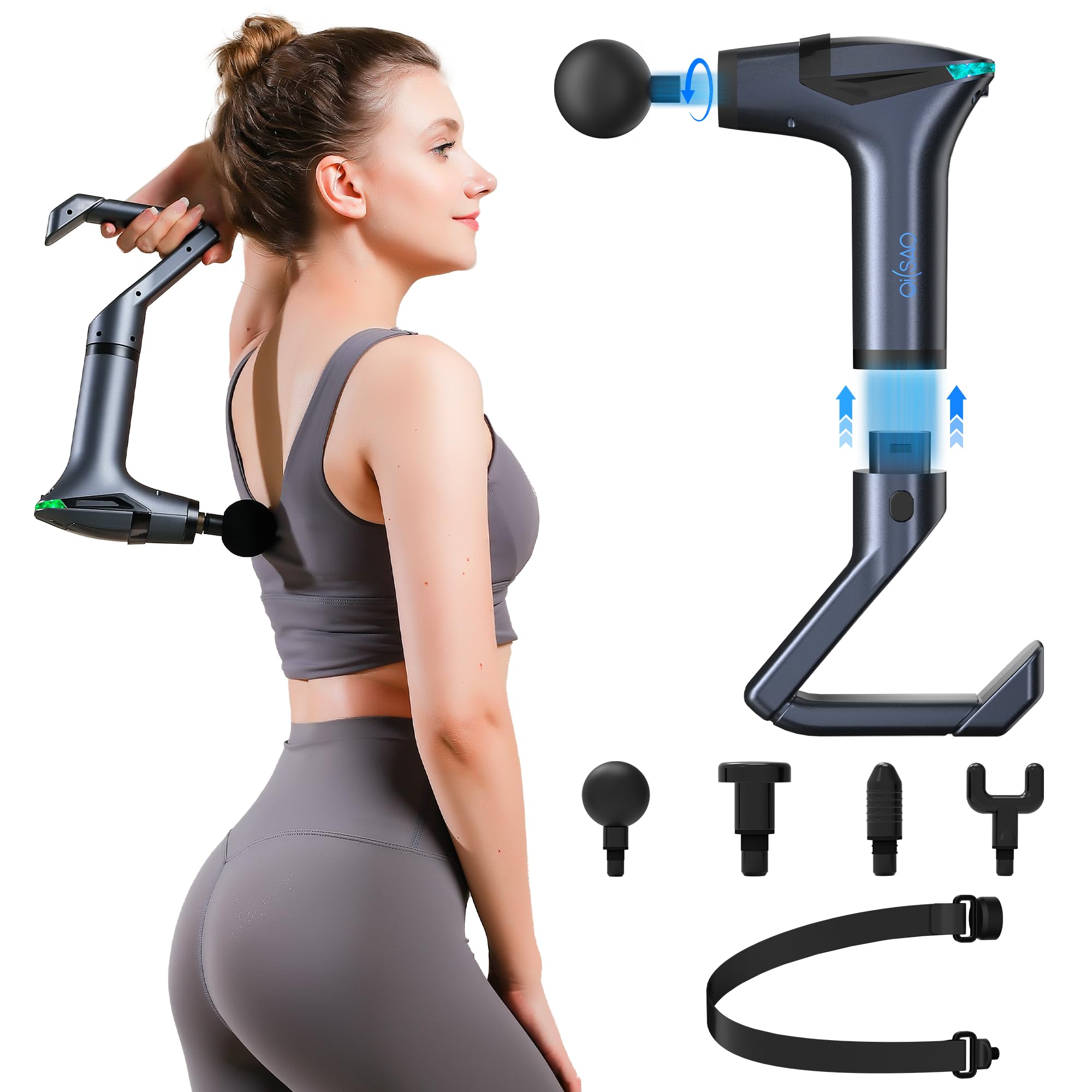Black 3-in-1 Massage Gun with Extendable Handle & Back Strap โ 12-Speed Deep Tissue Muscle Massager, 4 Attachments, USB-C Charging, for Athletes, Gym Recovery & Seniors
