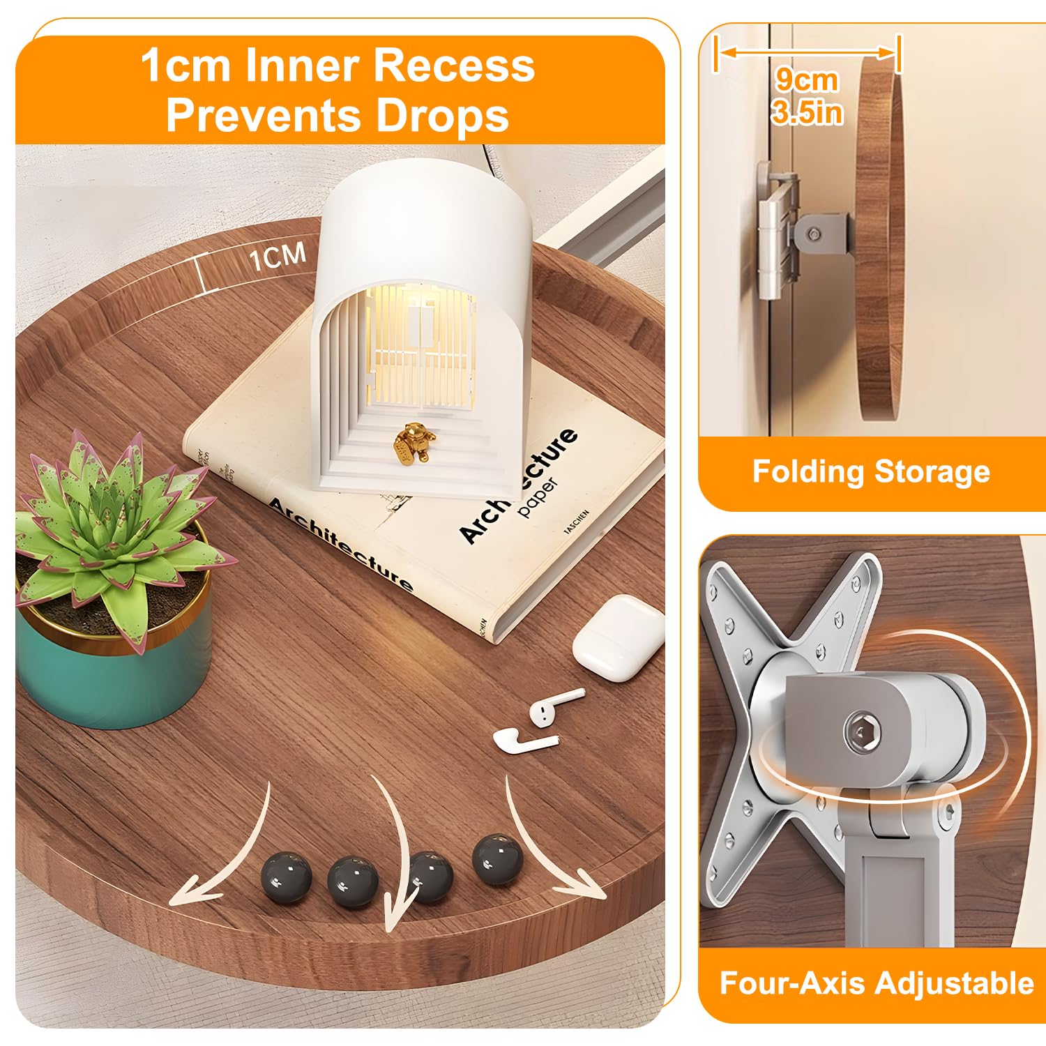 Wall-Mounted Foldable Round Table – Telescopic Adjustable Bedside Desk with Aluminum Alloy Support, Multi-Use Floating Table for Bedroom, Living Room, Balcony (Original Wood)