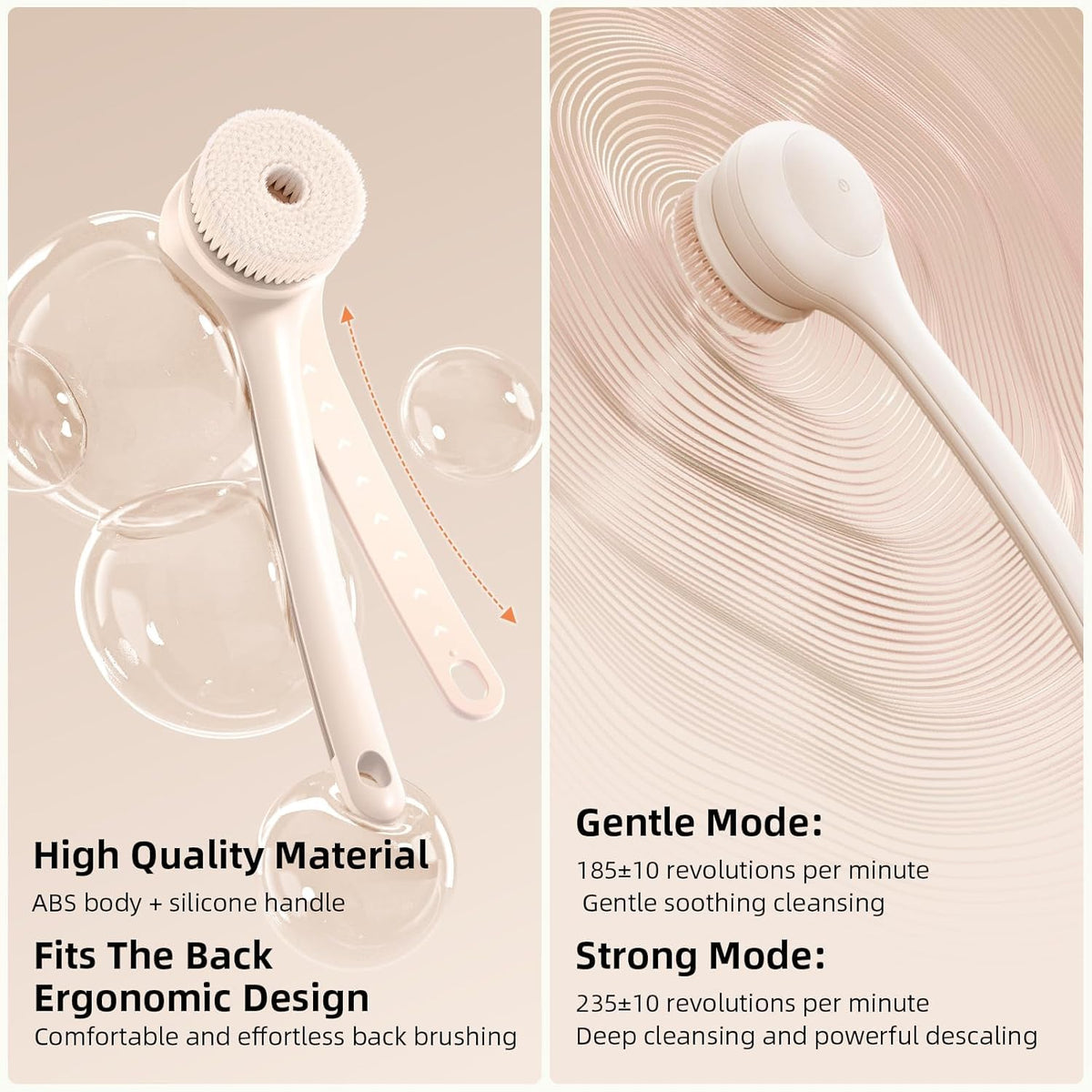 Electric Body Brush with Dual Handles – Waterproof Rotating Bath Scrubber, 3 Replaceable Heads, USB-C Charging, 2 Speeds(Milk coffee)