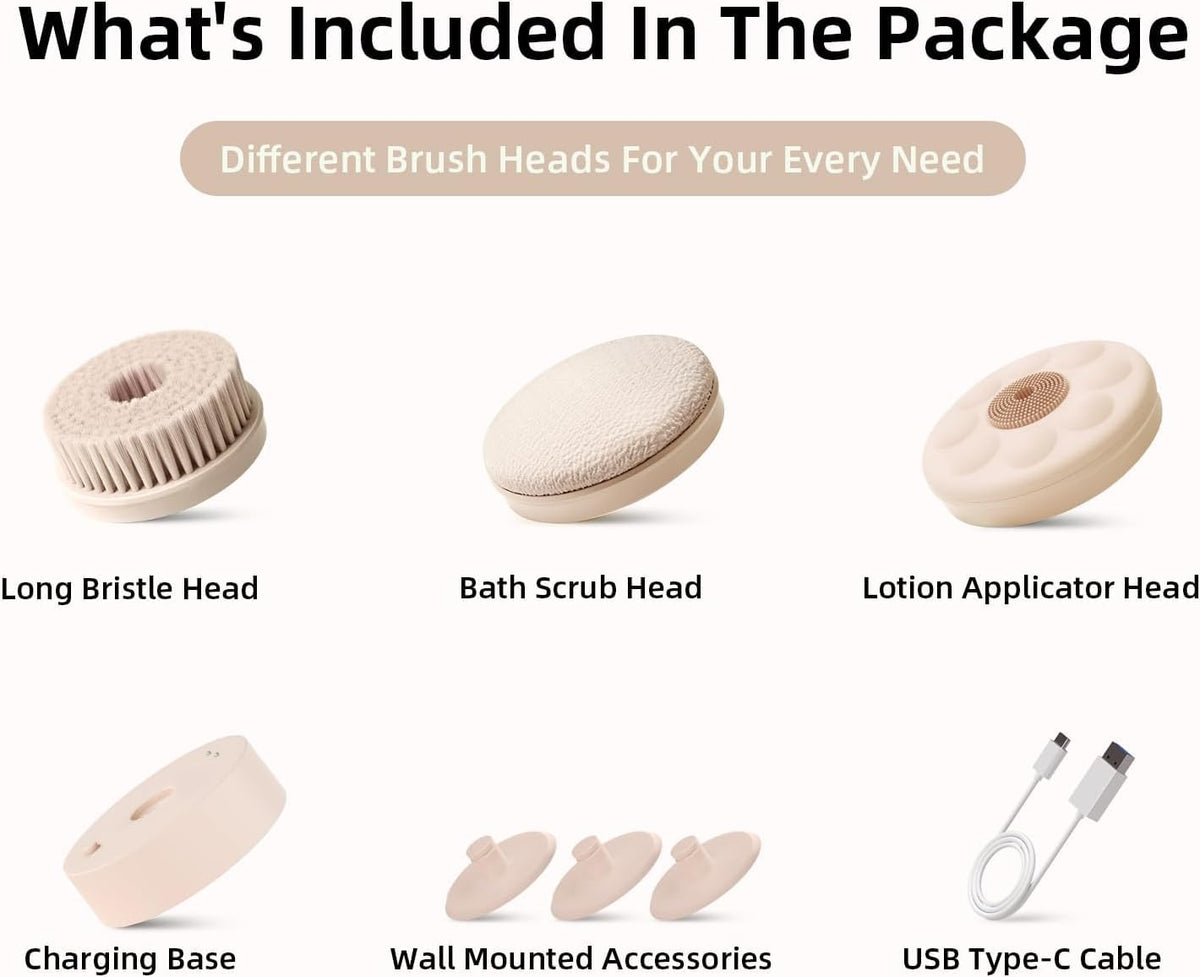 Electric Body Brush with Dual Handles – Waterproof Rotating Bath Scrubber, 3 Replaceable Heads, USB-C Charging, 2 Speeds(Milk coffee)