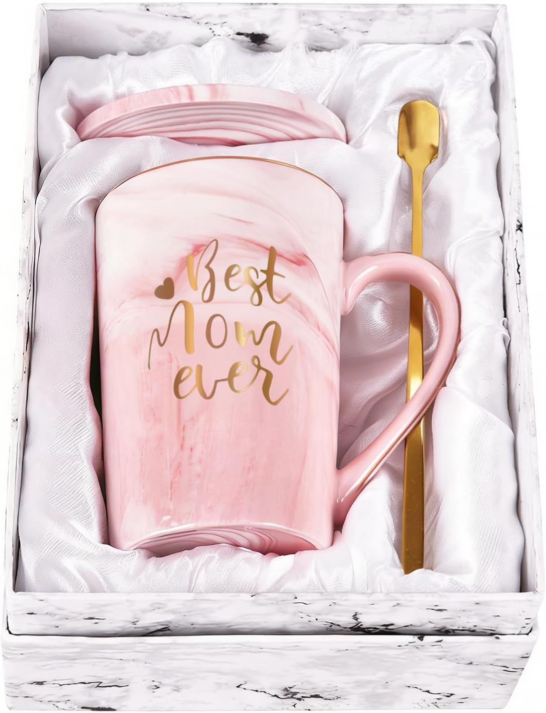 Best Mom Ever Coffee Mug Gift Set with Lid, Spoon & Coaster, 14oz Pink Marble Ceramic Cup for Mother's Day, Birthday, Christmas, Valentine's Day (Pink)