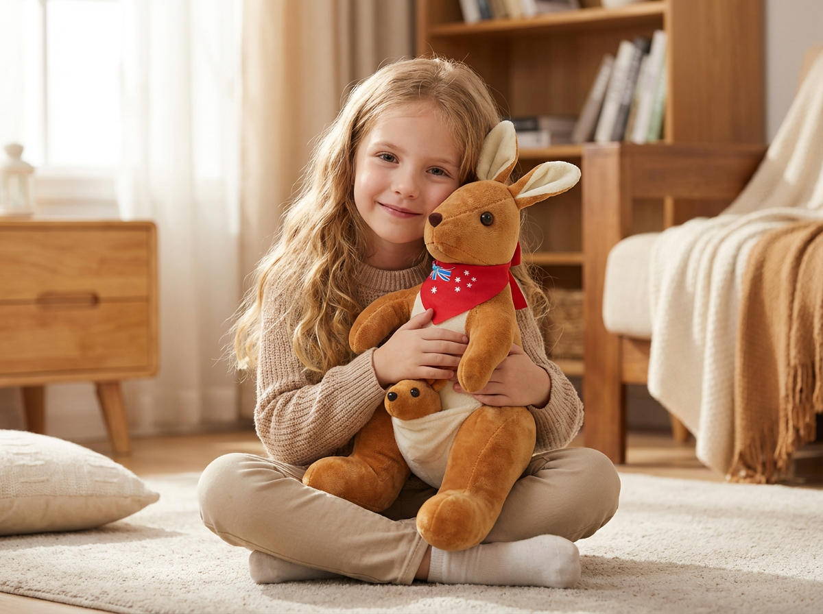 Kangaroo Stuffed Animal with Joey in Pouch & Australia Scarf - Soft Cuddly Plush Toy(55cm, light brown
)| Other Colors Available in Store