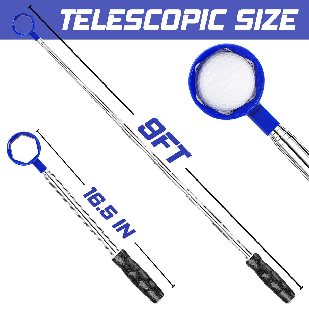 Telescopic Golf Ball Retriever 9FT – Blue Stainless Steel Pole with Durable Nylon Head for Water, Sand & Bush Retrieval (Blue)