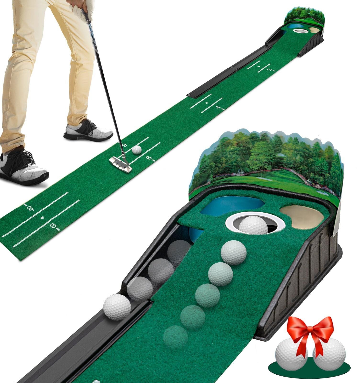 Indoor Golf Putting Green Mat with Ball Return – Realistic 10 mph Speed, Obstacle Training for Home, Office & Simulator (Green)