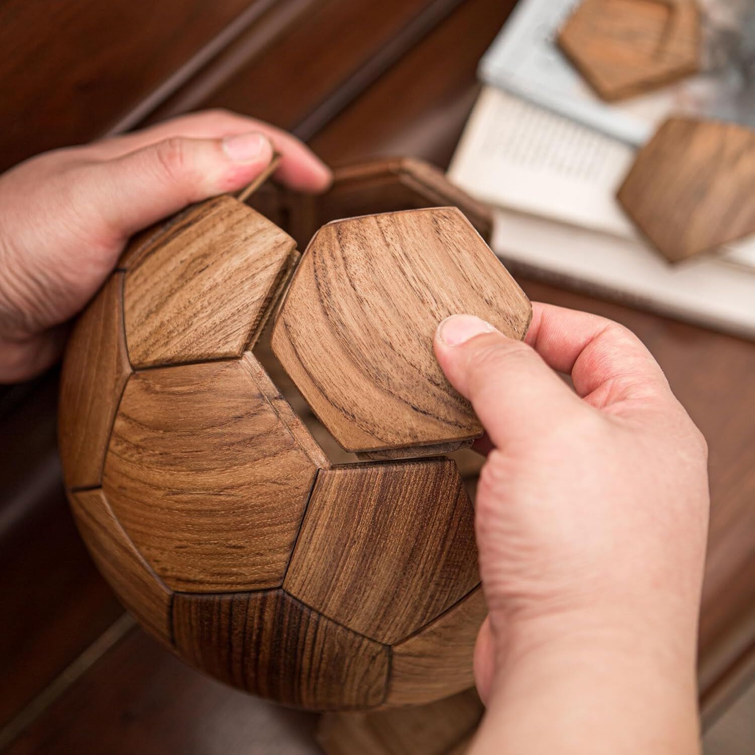 Handcrafted Wooden Football Puzzle – 3D Mortise and Tenon Soccer Ball Assembly Kit | Solid Teak, Walnut | DIY Gift for Adults, Kids & Football Fans