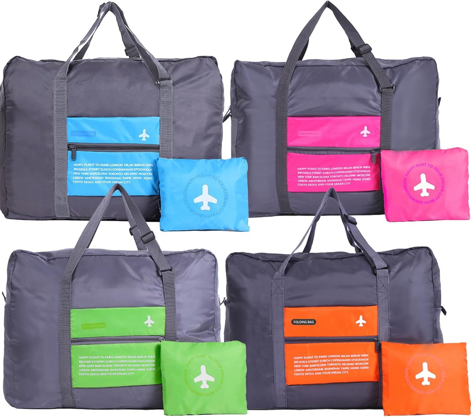 4-Pack Foldable Travel Duffel Bag Set β Compact Carry-On Luggage in Pink, Blue, Green & Orange | Perfect for Family Trips, Gifts & Organized Travel