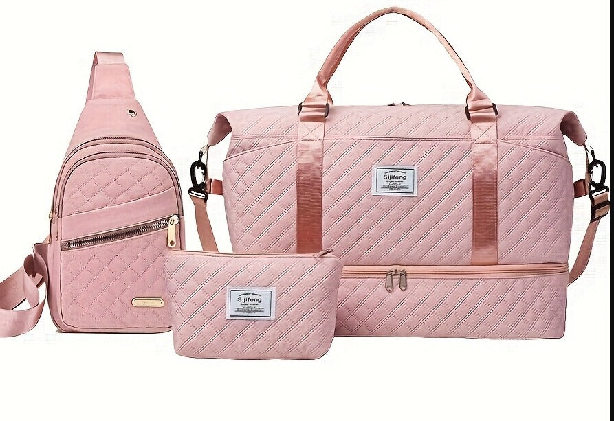 Women’s 3-Piece Travel Bag Set – Large Duffel, Crossbody Backpack & Toiletry Pouch for Gym, Maternity and Weekend Getaways (Pink) | Other Colors Available in Store