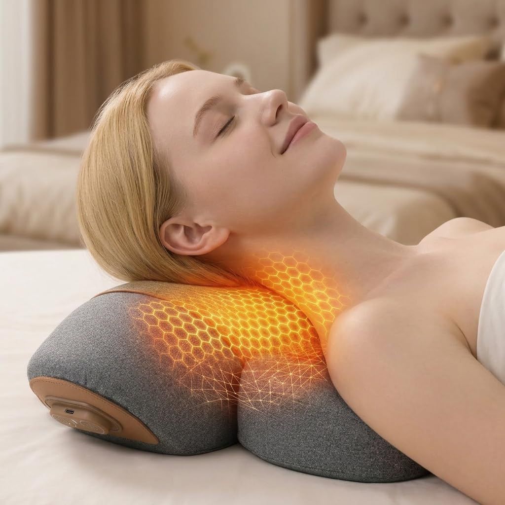 3-in-1 Massager Pillow with Heat, Vibration & Airbag Cervical Traction, Shoulder Relaxer, Ergonomic Memory Foam Support for Neck Hump, Home Office(Gray)