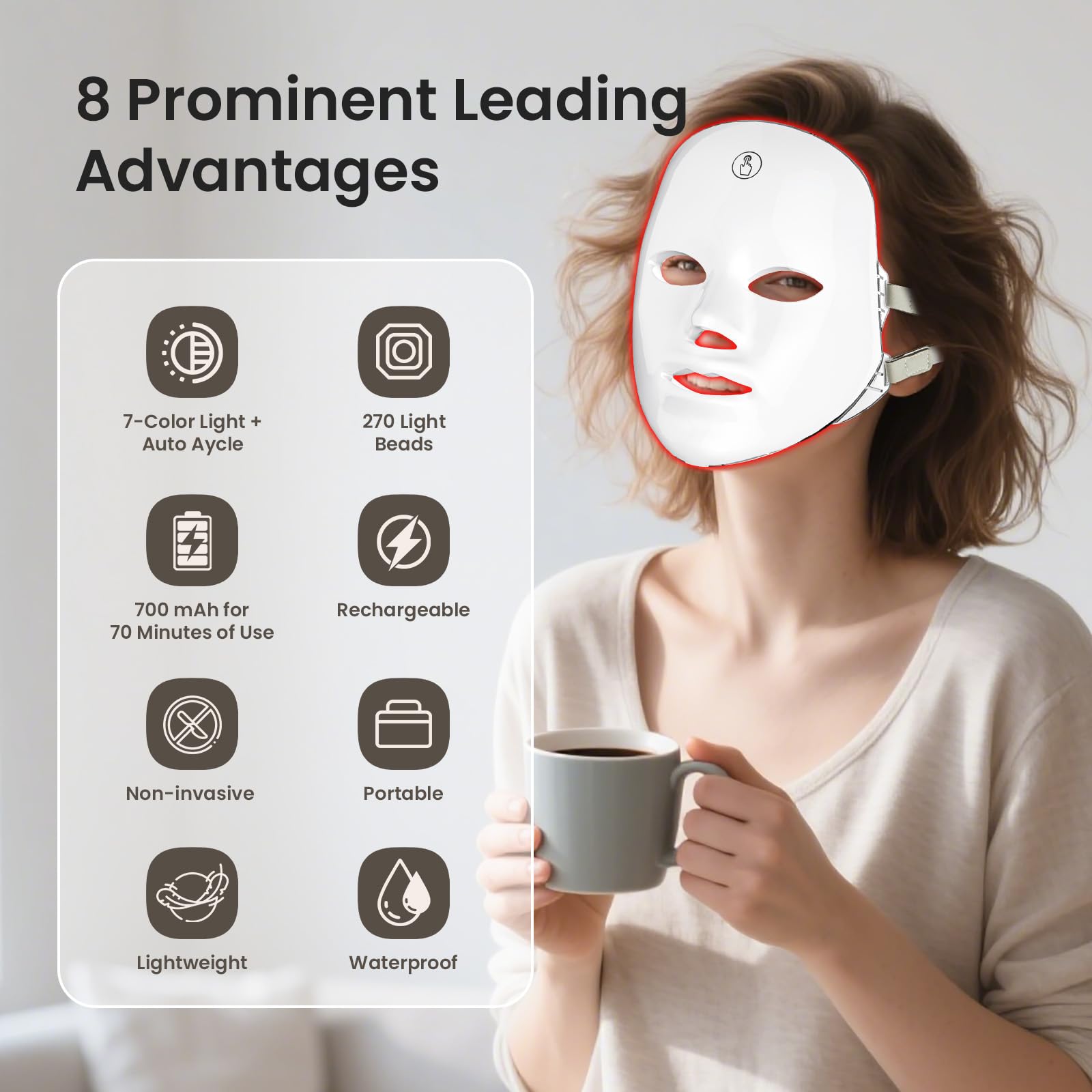 7-Color Facial Light Mask for Home Skincare – Rechargeable LED Beauty Device with 270 LEDs, One-Touch Control & Auto-Timer (White with Gold Trim) | Other Colors Available in Store