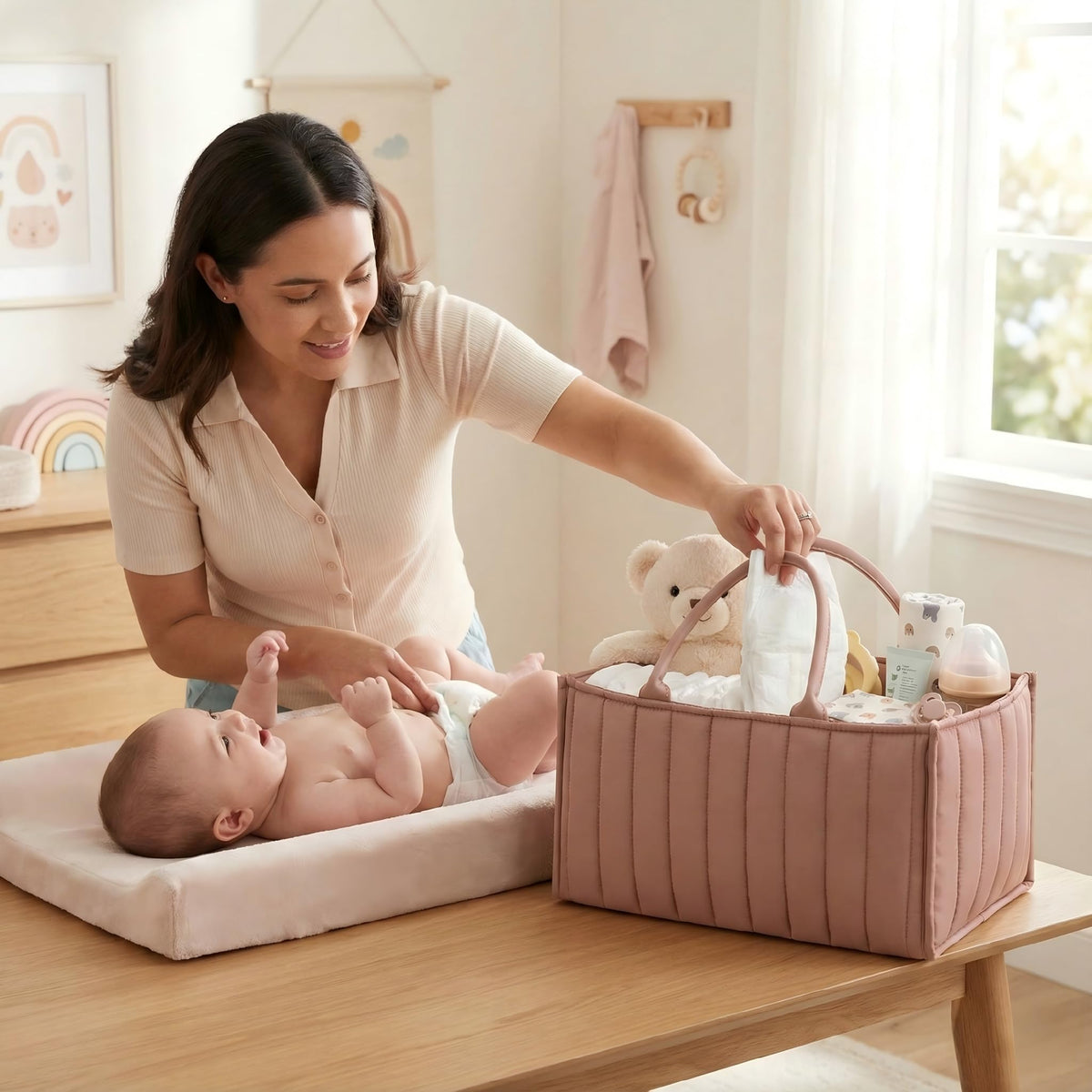 Large Baby Diaper Caddy Organizer – Stylish Storage Basket for Nursery, Changing Table & Travel – Portable Urn for Diapers, Wipes, Toys & Essentials (Pink)