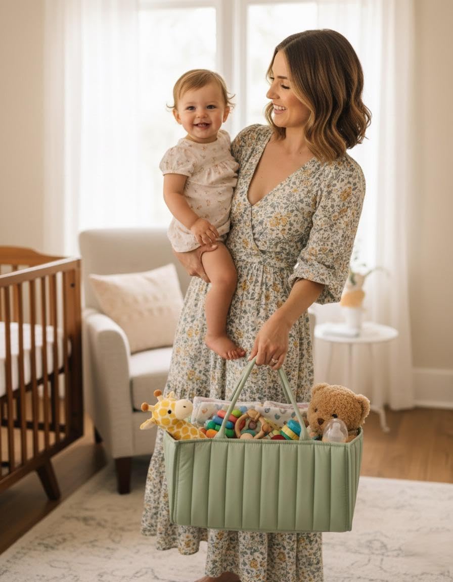 Large Baby Diaper Caddy Organizer – Stylish Storage Basket for Nursery, Changing Table & Travel – Portable Urn for Diapers, Wipes, Toys & Essentials (Green)