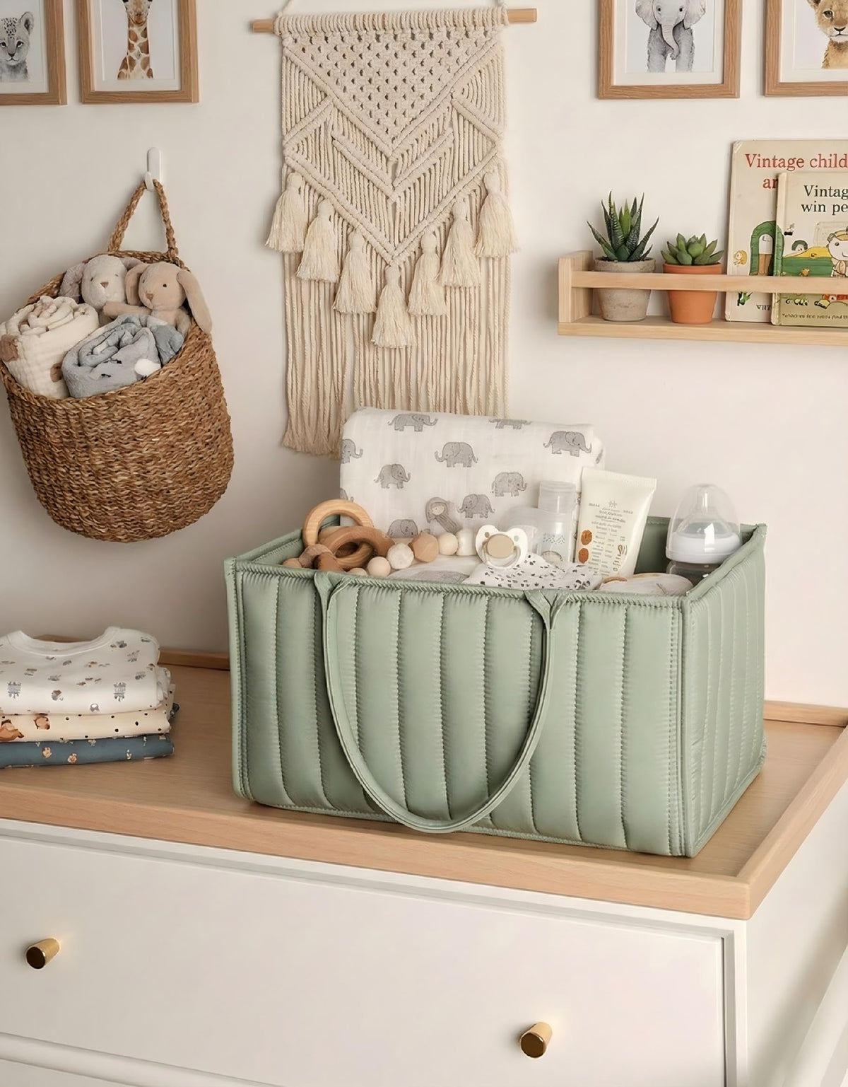 Large Baby Diaper Caddy Organizer – Stylish Storage Basket for Nursery, Changing Table & Travel – Portable Urn for Diapers, Wipes, Toys & Essentials (Green)