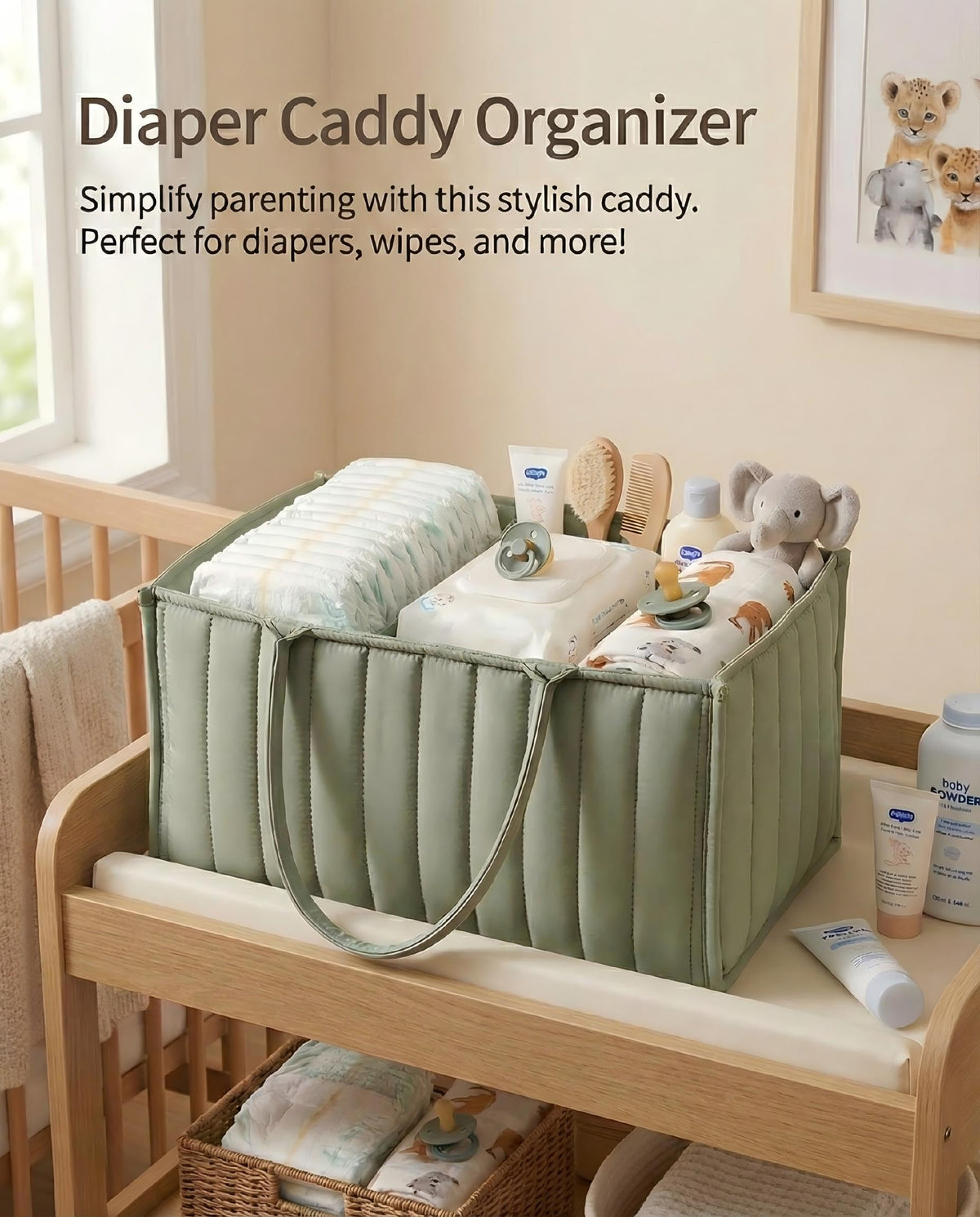 Large Baby Diaper Caddy Organizer – Stylish Storage Basket for Nursery, Changing Table & Travel – Portable Urn for Diapers, Wipes, Toys & Essentials (Green)