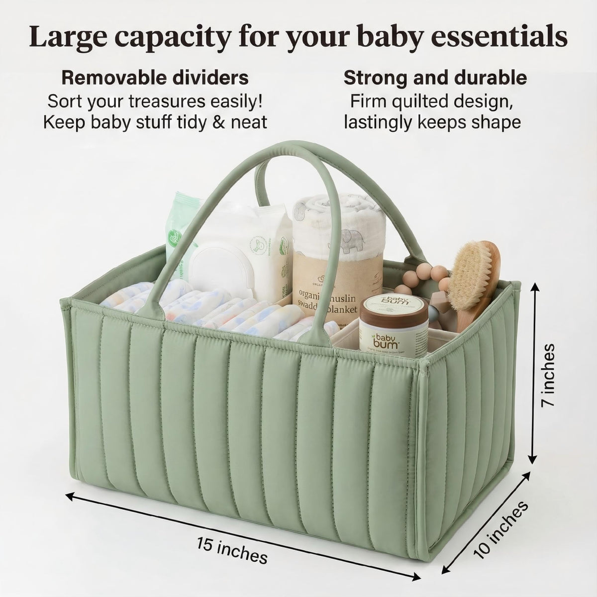 Large Baby Diaper Caddy Organizer – Stylish Storage Basket for Nursery, Changing Table & Travel – Portable Urn for Diapers, Wipes, Toys & Essentials (Green)