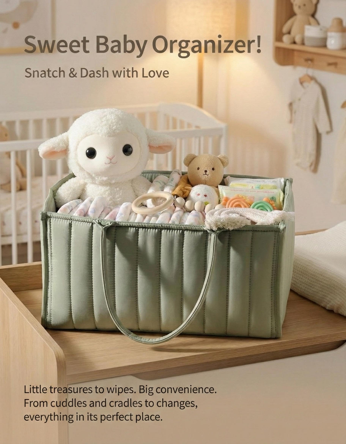Large Baby Diaper Caddy Organizer – Stylish Storage Basket for Nursery, Changing Table & Travel – Portable Urn for Diapers, Wipes, Toys & Essentials (Green)