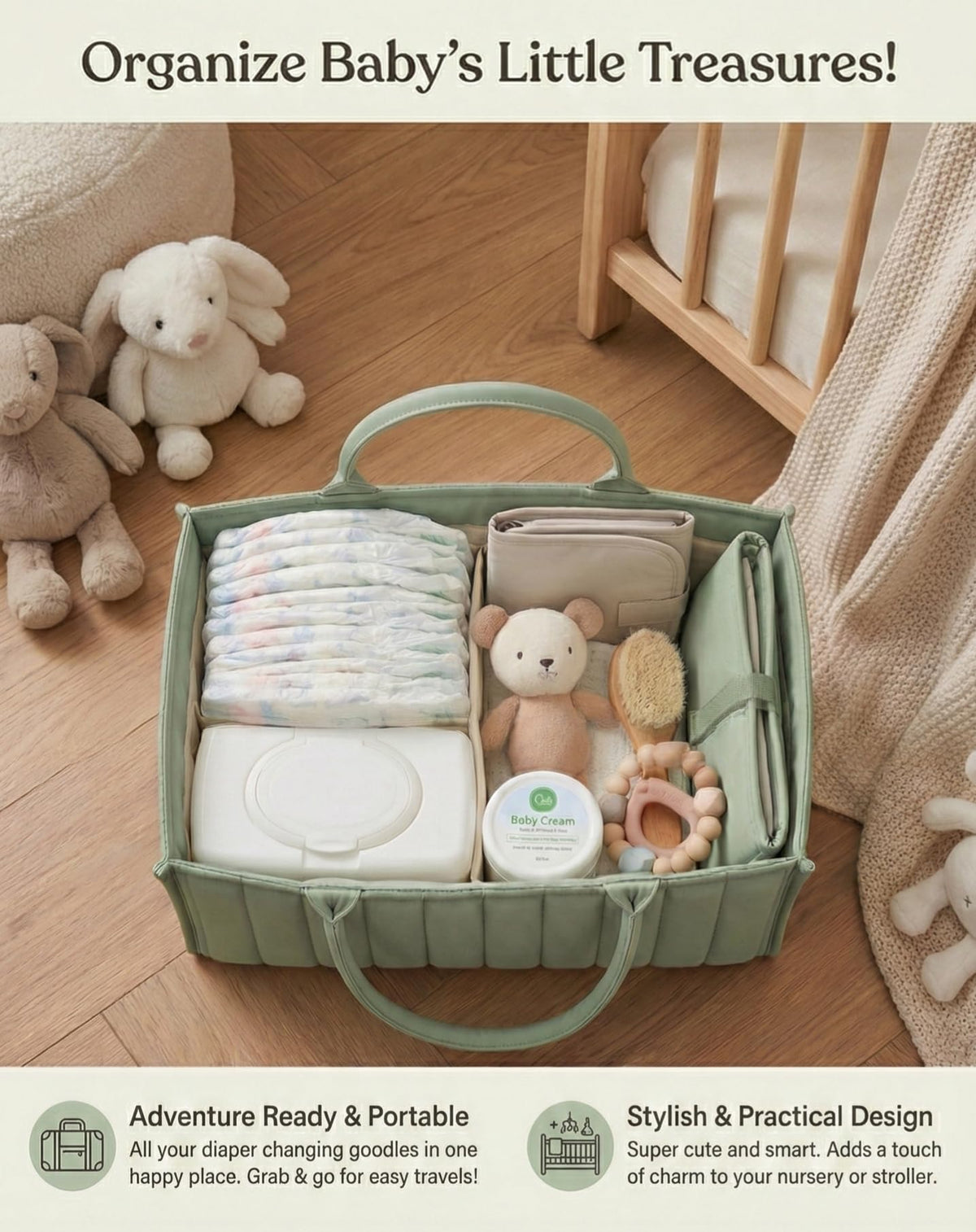 Large Baby Diaper Caddy Organizer – Stylish Storage Basket for Nursery, Changing Table & Travel – Portable Urn for Diapers, Wipes, Toys & Essentials (Green)