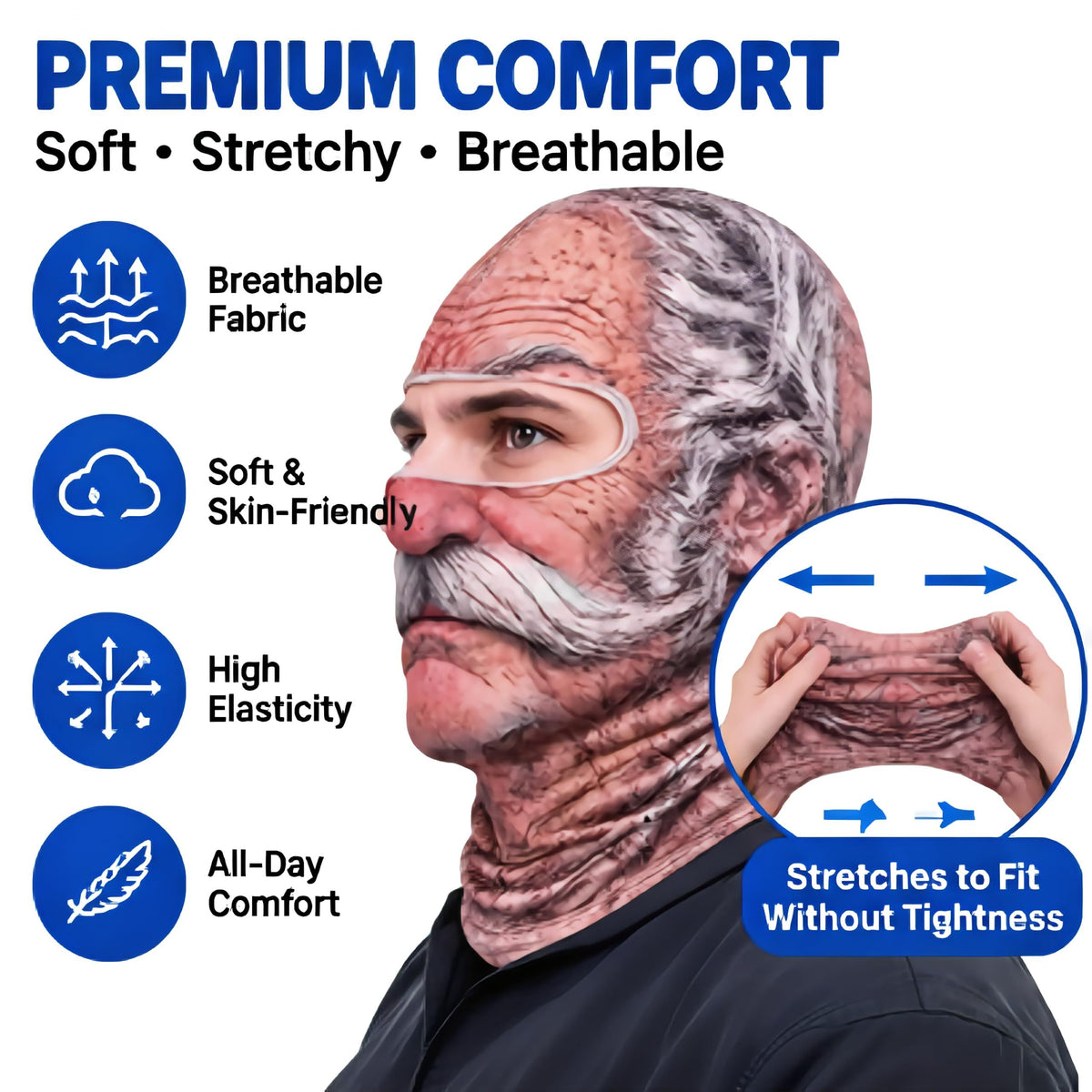 Funny Head Mask, Realistic 3D Printed Full-Face Cover with Neck Protection, Novelty Headwear for Parties, Cosplay, Cycling & Fun, Ice Silk Version (gray)