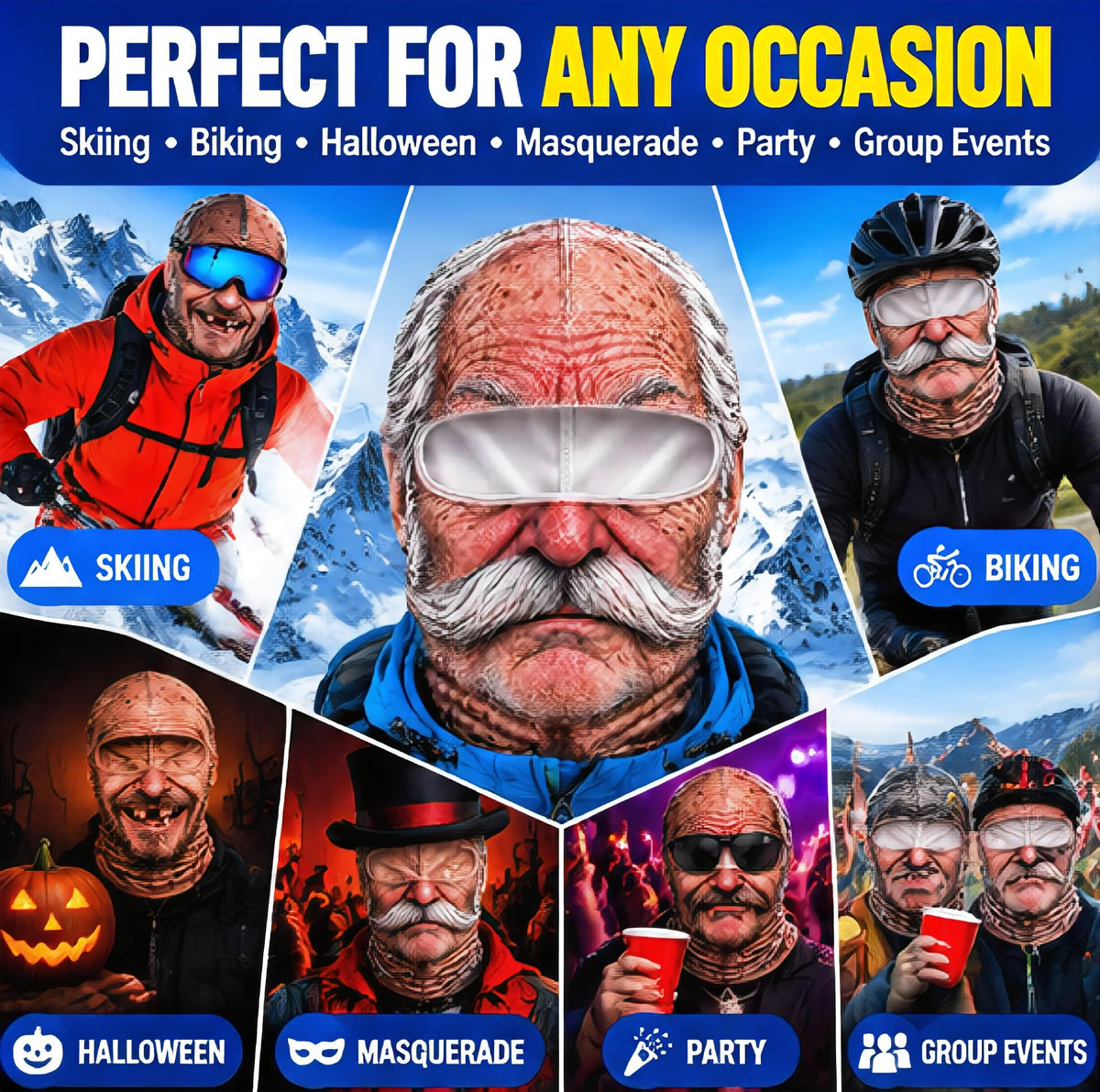 Funny Head Mask, Realistic 3D Printed Full-Face Cover with Neck Protection, Novelty Headwear for Parties, Cosplay, Cycling & Fun, Ice Silk Version (gray)