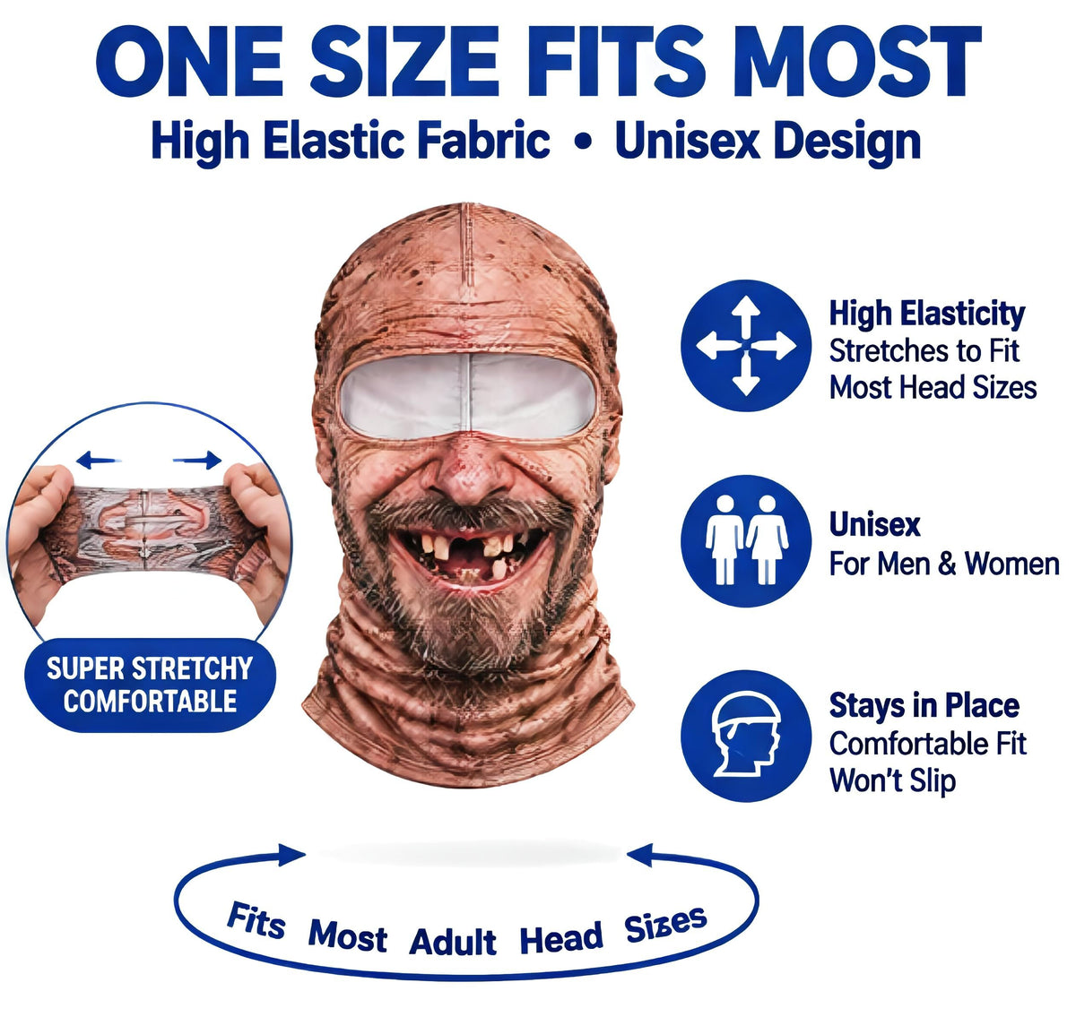 Funny Head Mask, Realistic 3D Printed Full-Face Cover with Neck Protection, Novelty Headwear for Parties, Cosplay, Cycling & Fun, Ice Silk Version (gray)