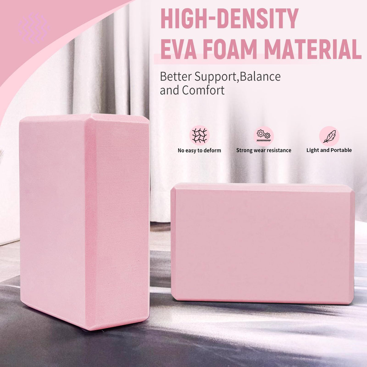 Yoga Block, 2 Pack High-Density Non-Slip EVA Foam Exercise Brick
9"x6"x3" Supportive & Lightweight Props for Yoga, Pilates, Meditation, and Stretching, Exercise Equipment for Home(pink)